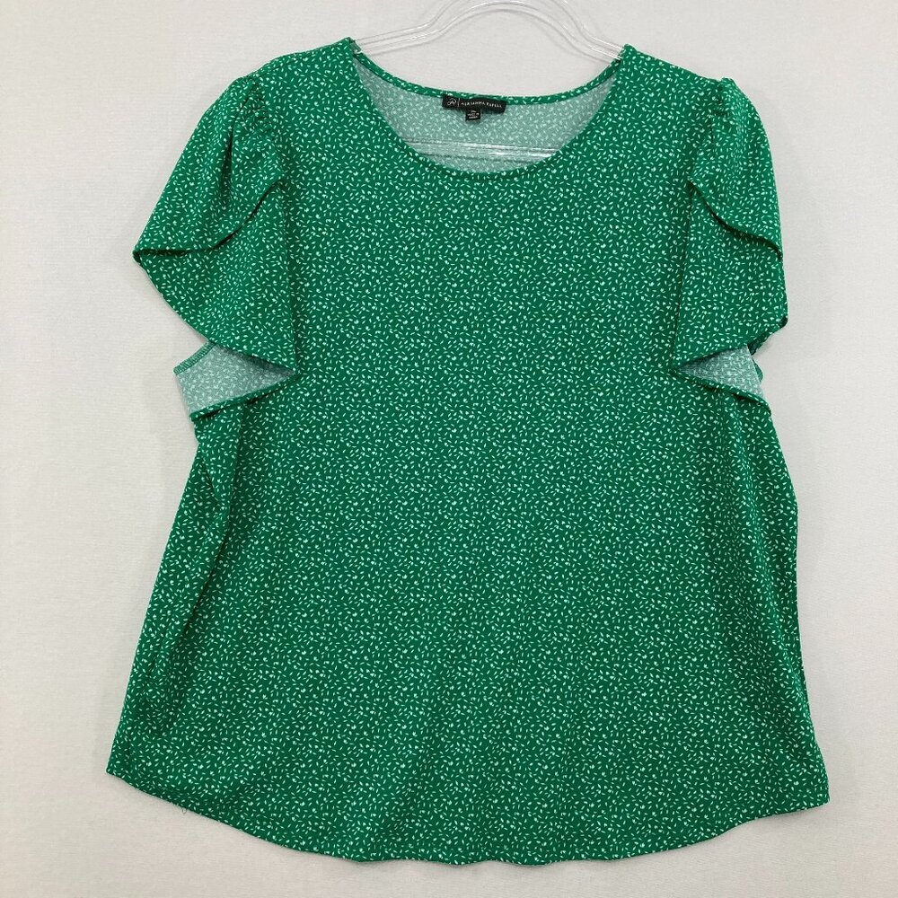 Adrianna‎ Papell size XL Kelly Green Micro Floral Flutter Sleeve Stretch Blouse